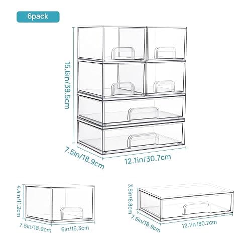 Vtopmart Stackable Storage Drawers Set of 6, Clear Plastic Organizer Bins for Bathroom Supplies,Ideal for Cabinet,Pantry,Laundry Room Organization thumbnail 3