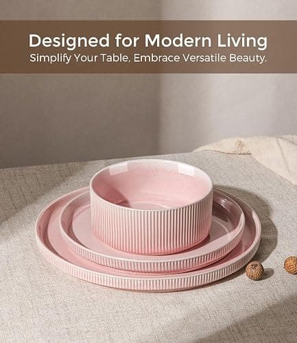 GBHOME Stoneware Dinnerware Sets for 4,12-Piece Plates and Bowls Set | Ribbed Reactive Glaze Ceramic Dish Set, Scratch Resistant, Dishwasher&Microwave Safe,Blush Pink thumbnail 4