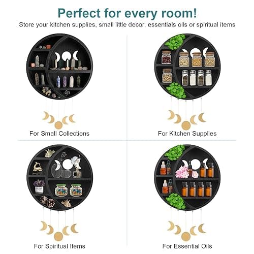 Ella & Emma Wooden Moon Shelf - Crescent Moon Crystal Shelf, Crystal Storage & Wall Hanging Shelves for Bedroom Aesthetic, Moon Phase Wall Decor & Crystal Display Shelf, Pinewood, Black - Full Black thumbnail 4