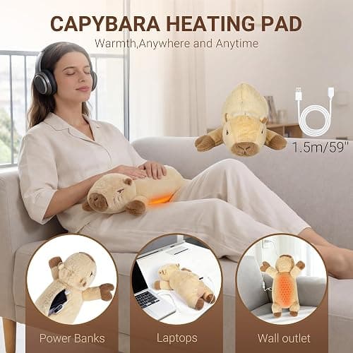 Capybara Heating Pad for Period Cramps,Menstrual Pain Relief,Cute Stuffed Animal Electric Heating Pad Plush,USB Powered Heated Plush Toy,Portable Warm Cushion Gift for Women Teen Girls Christmas,Brown thumbnail 5