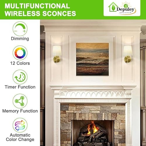 Depuley Battery Operated Wall Sconce: Set of 2 Wireless Wall Lights with Remote Control - Rechargeable 10000mAh RGB Wall Lamp with 15 Colors, Gold Finish for Bedroom Living Room Hallway Home Decor thumbnail 2