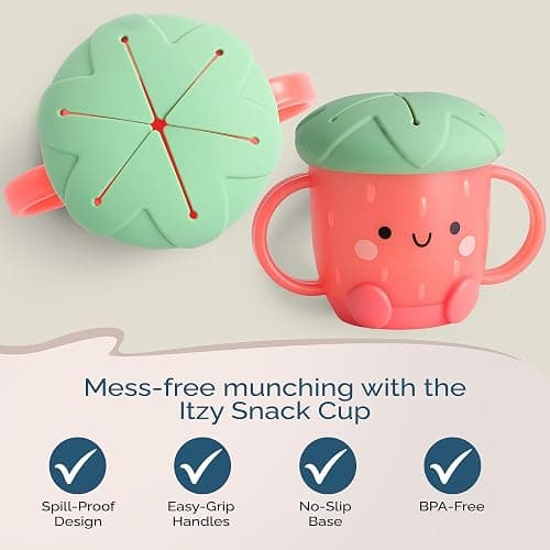 Itzy Ritzy Toddler Snack Cup - Spill-Proof Snack Cup for Toddlers with Soft Silicone Lid for Easy Food Access - Easy-To-Hold Kids Snacks Container With Handles - Ideal for 12 months & Up (Strawberry) thumbnail 5