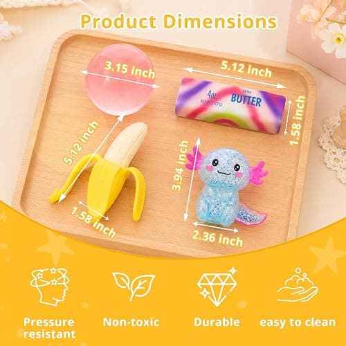 4 Pack Fun Food Squishy Set – Coconut Oil + Axolotl + Banana + Rainbow Butter Squishy, Sensory Stress Relief Fidget Toys, Cute Pocket for Home Office Travel, Calming Anxiety Gifts for Adults. thumbnail 4