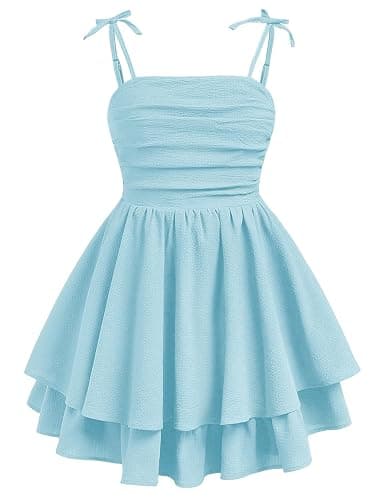 SHENHE Girl's Smocked Ruched A Line Swing Dress Layered Tie Shoulder Flowy Cami Short Dress - Image 1
