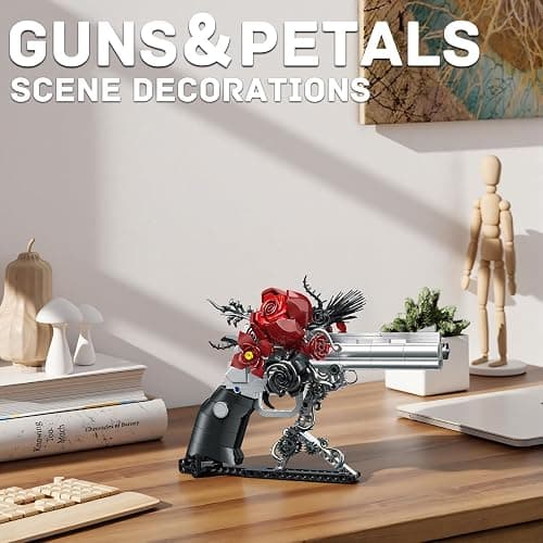 GHQYTPR Guns & Petals Decorative Revolver Building Blocks with Red Roses Gothic Rose Revolver Building Kit Gothic Style Display Piece Creative Gift for Adults Teens 631 PCS thumbnail 7