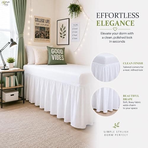 Cottington Lane Twin XL Dorm Bed Skirt 32 Inch Drop, Extended Ruffled College Dorm Bed Skirt, Wrap Around Dust Ruffle, Premium Brushed Microfiber Extra Long Bed Skirt for Twin XL Dorm Beds, White thumbnail 2