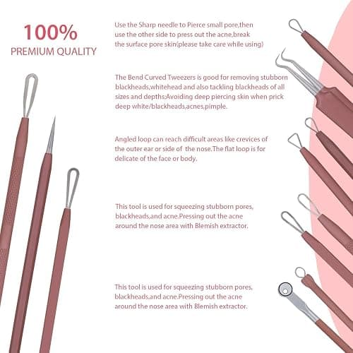 JPNK Blackhead Remover Tool Comedones Extractor Acne Removal Kit for Blemish, Whitehead Popping, 6 Pcs Zit Removing for Nose Face Tools with a Leather Bag (Pink) thumbnail 4