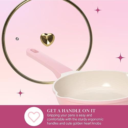 Paris Hilton Ceramic Nonstick Cookware Set, Cast Aluminum with Dual Layer Nonstick Coating, Gold Heart Knobs, Stay-Cool Handles, Made without PFAS, PFOA, PFOS & PTFE, Dishwasher Safe, 10-Piece, Pink thumbnail 7
