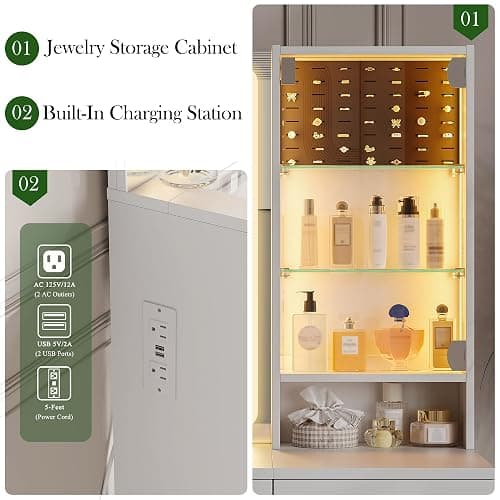 wanan Vanity with Glass Top, White Vanity Desk with Mirror and Lights, Jewelry Storage, Power Outlet, 3 Adjustable Lighting Modes, Makeup Vanity with 2 Drawers for Bedroom thumbnail 6