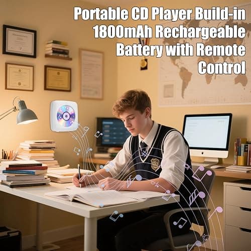 Gueray CD Player Portable with Bluetooth Wall Mountable, CD Music Battery Operated Players for Home with Speakers 1800mAh Rechargeable LCD Screen Display FM Radio USB AUX Jack Remote Control thumbnail 5