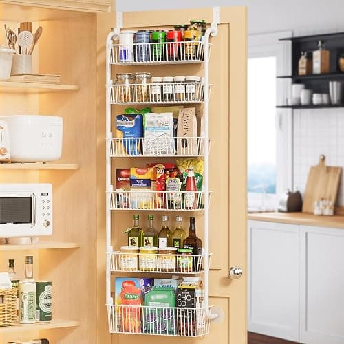 Delamu Large Over the Door Pantry Organizer, 6-Tier Metal Pantry Door Organization and Storage for Easy Install, Hanging Spice Rack Seasoning Shelves for Cabinet & Kitchen, D6.7xW17.5xH53.7 in, White - Image 1