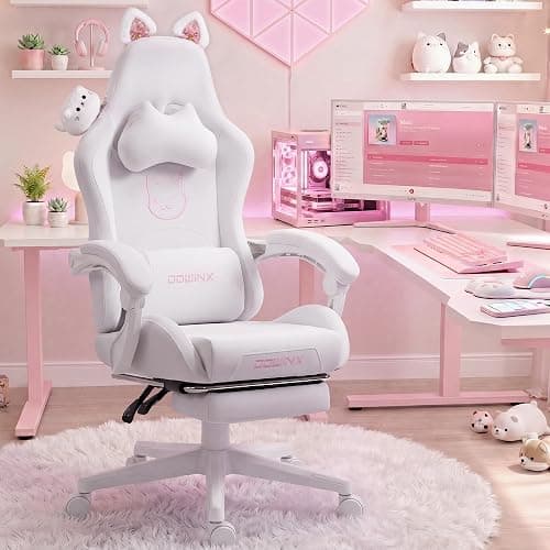 Dowinx Gaming Chair with Cat Ears and Massage Lumbar Support, Ergonomic Computer Chair with Footrest and Headrest, Comfortable Reclining Game Chair 290lbs for Adults, White - Image 1