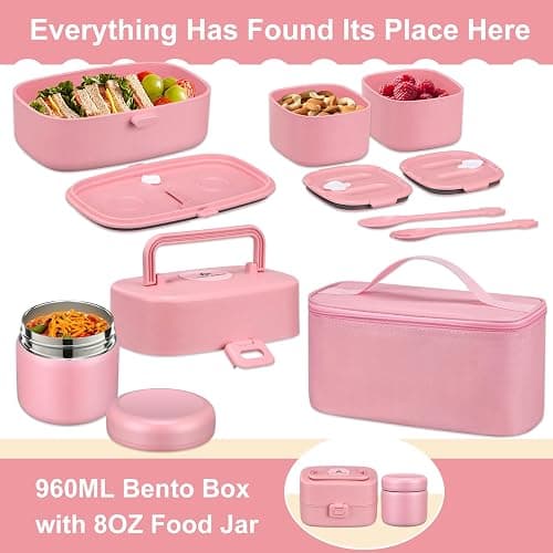 Pawtong Bento Lunch Box with 8oz Soup Thermo, Kids Sustainable Bento Box Leakproof Lunch Food Containers with Lunch Bag, Kids Thermo Insulated Hot Food Jar for School, Trvael (Pink) thumbnail 6