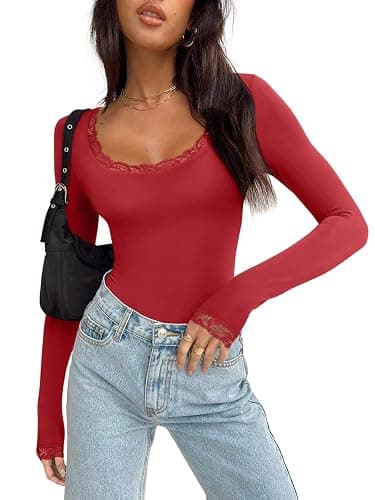 REORIA Women's Sexy Lace Scoop Neck Long Sleeve Double Lined Layering Slim Bodysuit Tops thumbnail 2