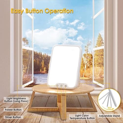 VTHW Tageslichtlampe, 10000 Lux Lichttherapielampe mit Memory Funktion, 4 Timer, 3 Lichtfarben Sonnenlicht Lampe mit Knopf-Steuerung, Stufenlosem Dimmen, 90° Halterung, für Hause/Büro thumbnail 4