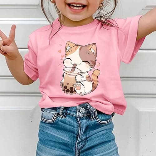KEEVICI Cute Cat Shirts for Girls Graphic Tees Bubble Tea Tshirt Kids Kawaii Cartoon Animal Print T Shirt Summer Cotton Tops thumbnail 5