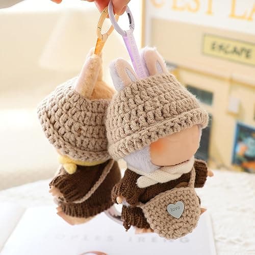 Clothes for Labubu(NO Doll) , Handcrafted Crochet Set for Labubu Clothes 15cm/17cm Doll, Premium Doll Outfit with Accessories, Stylish Doll Clothes for Labubu Accessories(Knitted) (Kakhi) - Kakhi thumbnail 5
