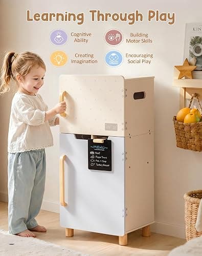 ROBOTIME Wooden Toy Fridge for Kids, Realistic Play Fridge with Freezer, Blackboard, Egg & Ice Cream Accessories, Spacious Storage Play Refrigerator for Kids, Perfect Play Kitchen Pretend Kitchen Toy thumbnail 7