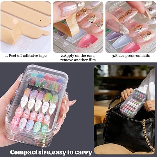 Fcozpjk Press On Nail Organizer Case, Tri-Fold Clear Acrylic Empty Press On Nail Storage Box Packaging Fake Tips Holder Color Display Stand Book Showing Shelves with 30PCS Double Sided Adhesive Tapes thumbnail 7