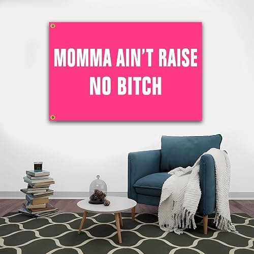 Momma Aint Raise No Bitch Flag 3x5 Ft Funny Pink Man Cave Wall Flag for Room Teen Girls Indoor Bedroom and College Dorm Wall Decor Banner Tapestry Gifts thumbnail 4