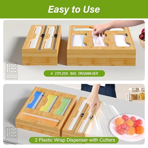KOCWELL Bamboo Bag Storage Organizer - 2 Wrap Dispenser with Cutter & 4 Slots Food Storage Bags Container - Kitchen Drawer Plastic Bags Storage Organization for Gallon Quart Sandwich Snack Bags thumbnail 7