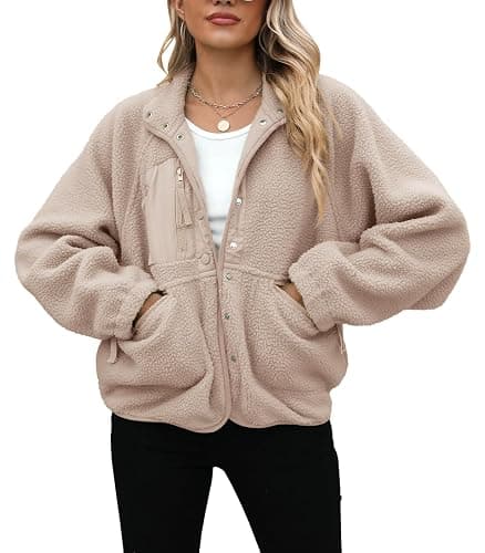Yanekop Womens Fleece Jacket Fuzzy Long Sleeve Short Winter Coats Button Down Sherpa Jacket Outerwear with Pockets thumbnail 3