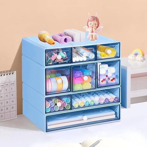 FODIENS Desk Storage Organizer with 9 Drawers, 4 Tiers Stackable Desktop Craft Storage Drawers, Clear Storage Box Caddy for Stationary Makeup Jewelry Office Craft Supplies (Blue) thumbnail 2