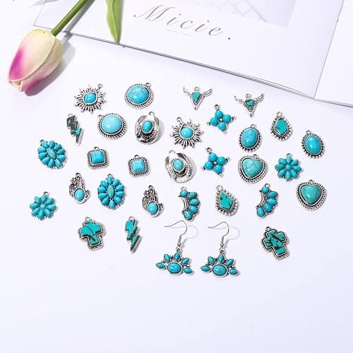 NVENF 32PCS Western Charms for Jewelry Making, Synthetic Turquoise Vintage Cactus Heart Flower Lightning Cowboy Boot Pendant for Bracelet Necklace Earring DIY Crafts thumbnail 3