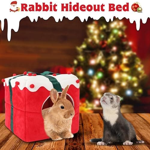 YUEPET Christmas Rabbit Bed Warm Bunny Hideout House, Cozy Washable Small Animal Hideout for Rabbit Bunny Guinea Pig Ferret Chinchilla 11.8"×11.8"×11.8" thumbnail 7
