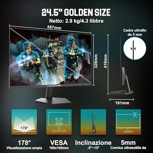 Minifire Gaming Monitor 24.5 Zoll, 300Hz, 1Ms, FHD, FreeSync, IPS-Panel, HDR Ready,sRGB 120%, Eye-Care, HDMI 2.0 & DisplayPort 1.4, VESA 75x75 -Schwarz(MFG25X1 PRO) thumbnail 9