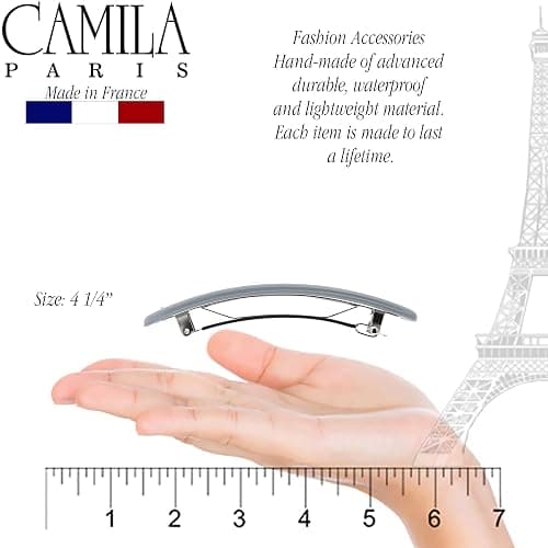 Camila Paris CP3445 French Hair Barrette Clip for Girls, Gray, Rubberized Automatic Clasp Strong Hold Grip Hair Clips for Women, No Slip and Durable Styling Girls Hair Accessories, Made in France thumbnail 3
