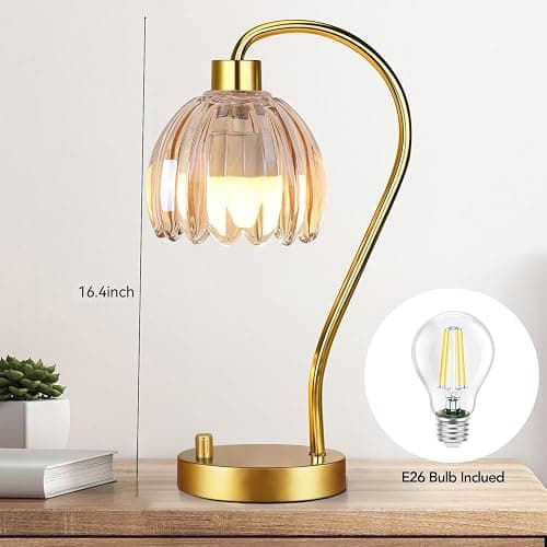 ILLMTW Small Table Lamp Set of 2,Gold Bedside Lamps Dimmable Boho Bedroom Lamp with Glass Tulip Flower Amber Lamp Shade,Vintage Mid Century Modern Mini Nightstand Lamp for Bedroom Living Room thumbnail 5