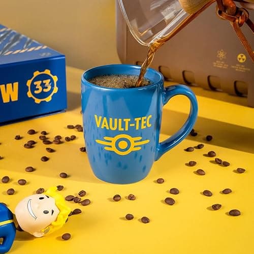 Bones Coffee Company Vault-Tec Fallout Coffee Mug Fallout Merch Handmade | Blue and Yellow | 14 oz Ceramic Mug Official Fallout Series Merchandise thumbnail 2