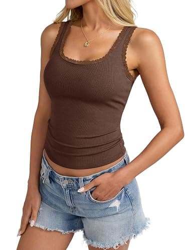 Eachyes Womens Lace Trim Cotton Ribbed Tank Tops Cute Scoop Neck Camisole | Fitted, Sleeveless Shirt, Going Out Cami Top, Stretch, Trendy Summer Outfit, Casual, Basic, Undershirt, Workout, Work Clothes thumbnail 5