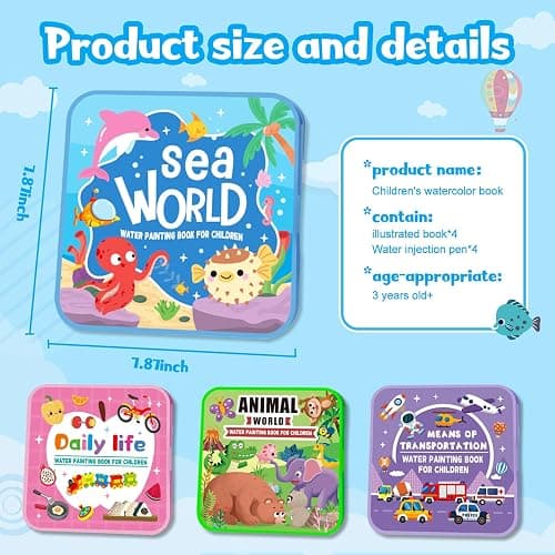 Water Painting Book for Kids - 4 Pack Magic Water Coloring Book with Water Pen Themes - Mess Free Water Art Book for Toddlers,No Mess Paint Coloring & Reusable Fun for Ages 3+ Travel Activity Toys thumbnail 4