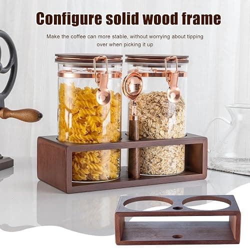 SIQOLNY Glass Coffee Container with Wooden Shelf, 2 x 40 FLOZ Coffee Bean Storage with Sealed Closure Clips and Copper Spoon, Kitchen Large Capacity Food Storage Jar, Ground Coffee Container thumbnail 6