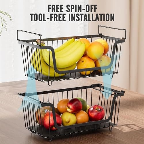 4 Pcs Stackable Wire Baskets Pantry Organizers and Storage Bins,Black | Breathable Metal Design with Rotating Handle,Idea for Potato Onion Fruit Snack Veggie Kitchen Countertop Freezer Organization thumbnail 8