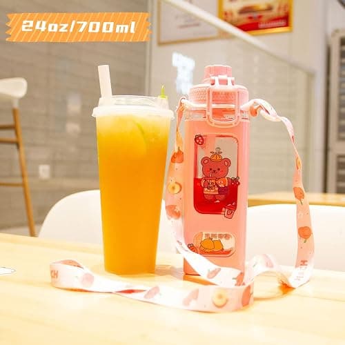 GMKD Kawaii Water Bottle for Girls Cute Kids Water Bottles with Straw Square Drinking Bottle, Portable Leakproof Water Jug for School, 24 oz (Pink-700ml) thumbnail 6