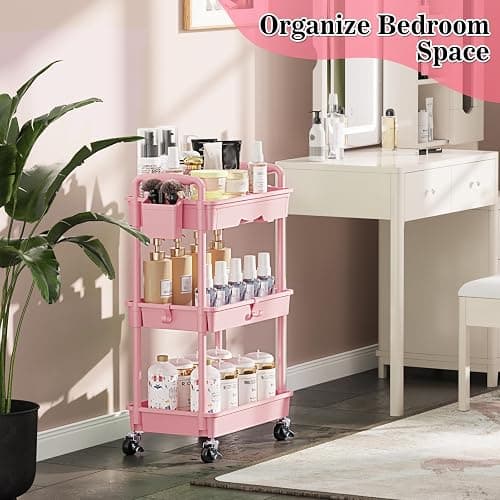 SUNALLY 3 Tier Rolling Cart with Drawer, Craft Storage Cart Organizer, Pink | Bathroom Storage Organizer with 2 Lockable Wheels, Rolling Utility Cart for Kitchen, Office, Baby, Makeup, Nail,Snack,Laundry thumbnail 7