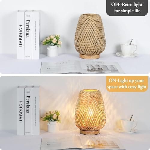 Rattan Table Lamp, Stepless Dimmable Small Beside Lamp, Vintage Wicker Wooden Nightstand Boho Bamboo Woven End Table Lamps for Bedroom Living Room Desk Kids Room, 2700K T45 LED Bulb Included thumbnail 3