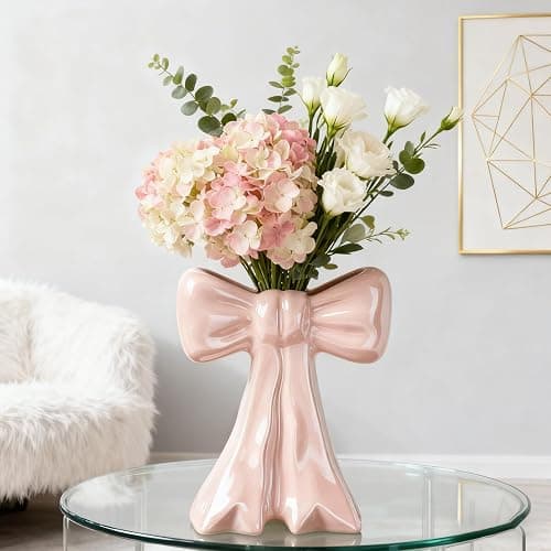 Disoza Bow Vase Pink Vase Ceramic Cute Decorative Flower Tulip Farmhouse Dazzling Modern Home Decor Pampas Grass for Table Bathroom Shelf thumbnail 5