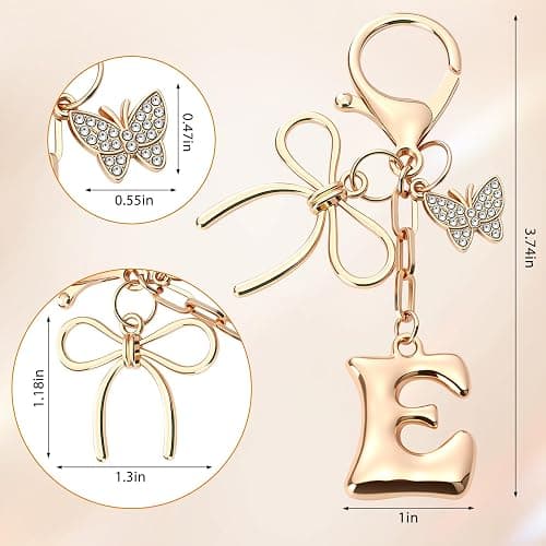 Sylixonae Bubble Initial Keychain with Bow & Butterfly - Gold Letter Bag Charms for Women, Cute Purse Handbag Accessories thumbnail 2