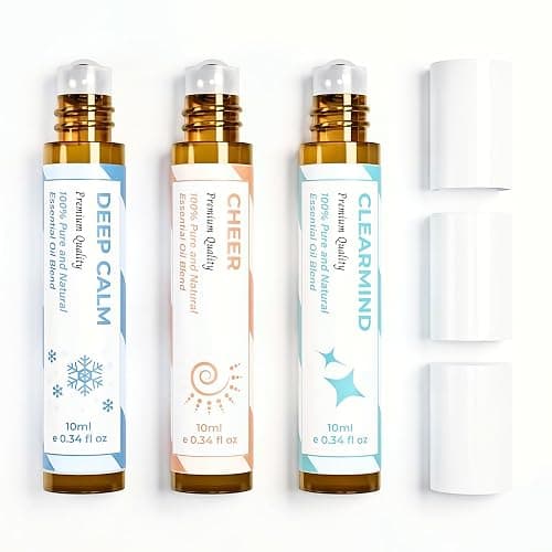 Essential Oil Set (Deep Calm, Cheer, ClearMind), Aromatherapy Roll On Blends for Massage, Body Care & Home Use, Great Fragrance Roller Gift for Men & Women - Image 1