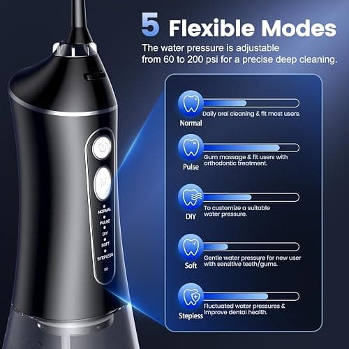 Water Flosser for Teeth Cleaning and Flossing, 5 Modes Rechargeable Cordless Oral Irrigator 320ml Water Tank Teeth Cleaner, IPX7 Waterproof Portable Electric Dentel Flossers for Home and Travel,Black thumbnail 3