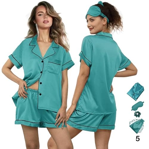 WJing Yi Jia 5Pcs Womens Soft Satin Pajama Set XS-4XL Button-Down Silk Pajamas Floral Sleepwear Bridal Pjs Lounge Pj Sets thumbnail 5