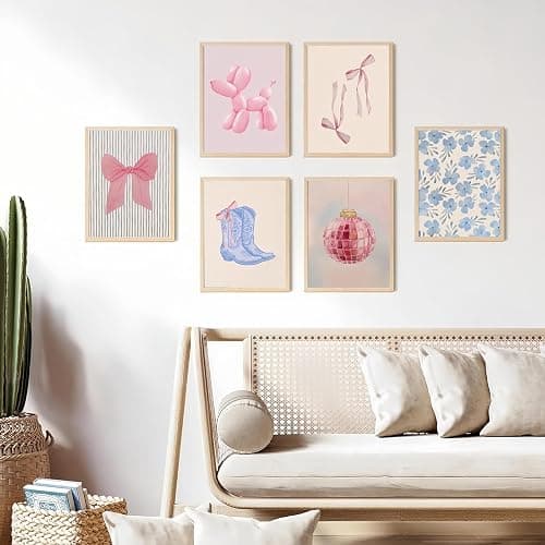 Blue and Pink Preppy Poster Set of 6, Cute Coquette Bow Boots Wall Decor Aesthetic Coastal Canvas Prints Wall Art, Trendy Girls Dorm Decor Cute Pink Bows Wall Decor, for Bedroom Living Room Dorm Home Decor 8x10 Unframed thumbnail 3