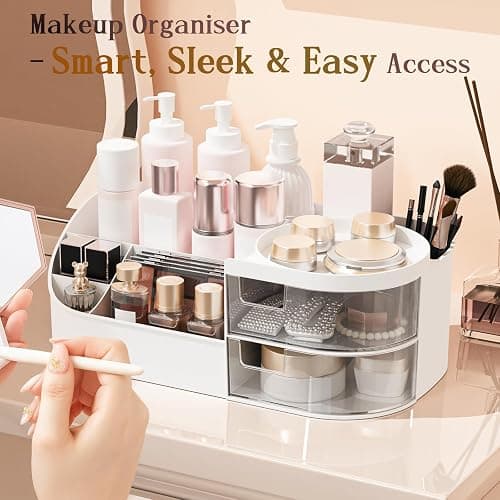 Makeup Organiser, Large Capacity Cosmetic Organisers for Beauty Skincare Jewelry, Make Up Storage Cosmetic Dressing Table Organiser Makeup Box with Drawer for Bedroom Bathroom Dresser Office (White) thumbnail 5