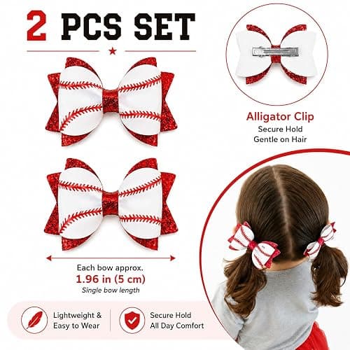 Danyarts 2PCS Baseball Hair Bow Clips for Girls, Game Day Baseball Bows | 2 red glitter baseball bow clips with alligator clips for girls, for game day, softball, team spirit and sports events. thumbnail 8