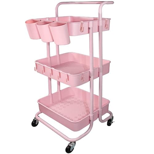 Ceeyali 3-Tier Rolling Utility Cart Storage Organizer Shelf Cart with Lockable Wheels and 3PCS Cups and 8PCS Hooks for Home Kitchen,Bathroom,Office,Laundry Room etc. (3 Cup 8 Hook Pink) - 3 Cup 8 Hook Pink - Image 1