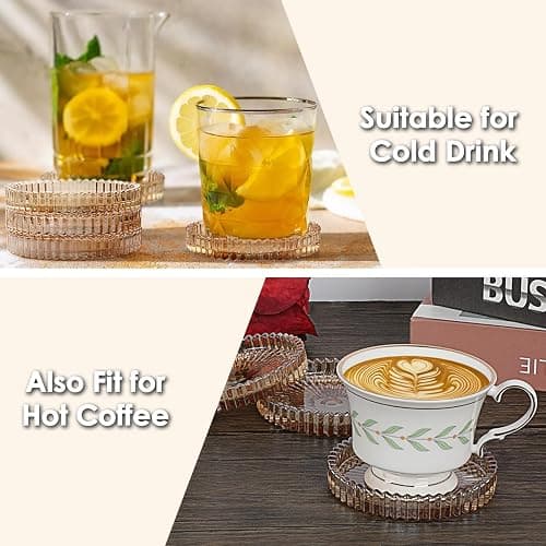 OGANAZI Modern Clear Coaster Set of 5- Glass Coasters for Drinks Crystal Coasters Round Cup Coasters Coffee Table Decor for Office, Kitchen, Bar, Dining Room, Living Room, Patio(Amber) thumbnail 5